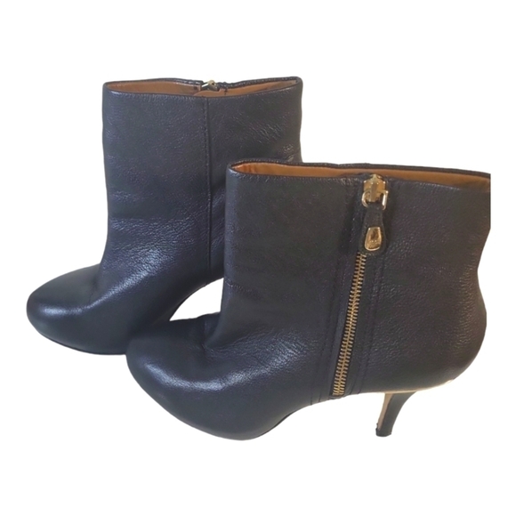 Zara Women's Black Leather Mid-Heel Side Zipper Goldtone Trim  Ankle Boots 38 - Picture 6 of 7